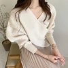 A new women's wear with a simple and elegant cross-V-neck loose knitted sweater top Specification image